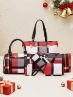 Women's Christmas Plaid Handbag Set, Multi-color Faux