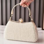 Women's Pearl Beaded Evening Clutch Bag with Gold Handle,