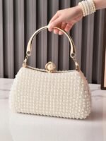 Women's Pearl Beaded Evening Clutch Bag with Gold Handle,