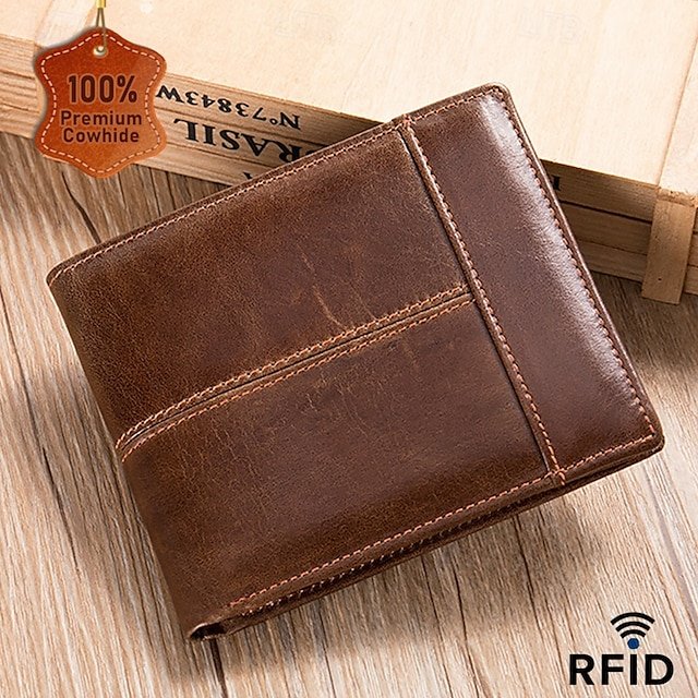 aixznn1723516439216 Men's Vintage Brown Genuine Leather RFID Blocking Bifold - Image 1