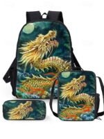 Men's 3-Piece Dragon Backpack Set with Flame Print - - Image 14