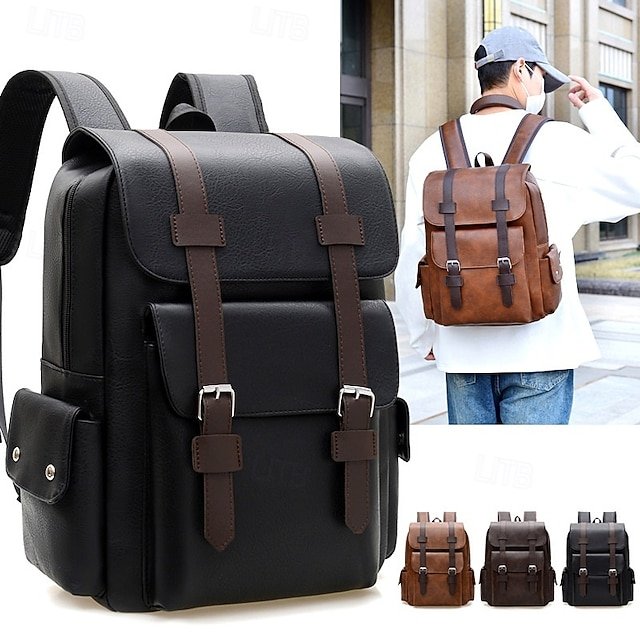 bpzvah1752827997864 Men's Vintage Faux Leather Backpack with Buckle Straps, - Image 1