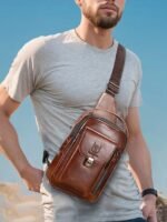 Men's Brown Leather Crossbody Sling Bag with Multiple - Image 3
