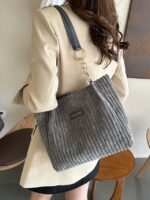 Women's Corduroy Tote Shoulder Bag with Leather Straps, - Image 10