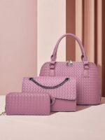 Women's 3-Piece Brown Woven Faux Leather Handbag Set –