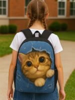 Cute cat print backpack for kids and teens - Denim style, Double - Image 10