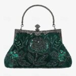 Women's Vintage Green Velvet Handbag with Beaded Floral