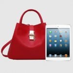 Women's Red Faux Leather Handbag with Gold Lock and Chain - Image 2