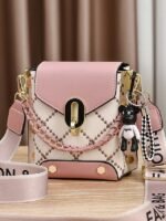 Women's Trendy Plaid Mini Shoulder Bag with Bear Charm, - Image 10