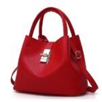 Women's Red Faux Leather Handbag with Gold Lock and Chain