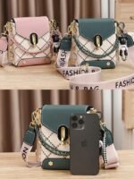 Women's Trendy Plaid Mini Shoulder Bag with Bear Charm, - Image 3
