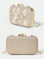 Women's 3D Floral Clutch with Pearl Accents and Gold Chain - Image 5
