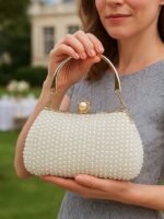 Women's Pearl Beaded Evening Clutch Bag with Gold Handle, - Image 6