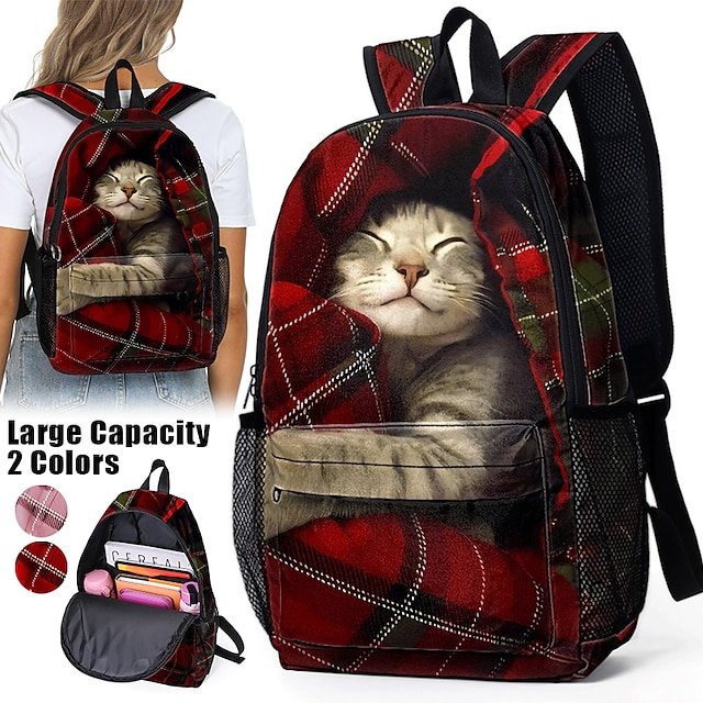 owecwv1699615836055 Large Capacity Animal Cat Print Backpack with Red Plaid Design - Image 1
