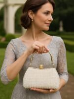 Women's Pearl Beaded Evening Clutch Bag with Gold Handle, - Image 2