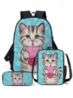 Kids cute cat theme three-piece backpack set, Including - Image 16