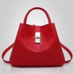 Women's Red Faux Leather Handbag with Gold Lock and Chain - Image 7