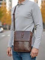 Men's Luxury Crocodile Embossed Leather Satchel - - Image 2