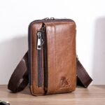 Sleek Brown Leather Vertical Sling Bag - Compact Men's