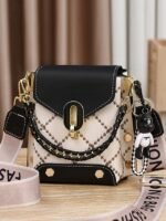 Women's Trendy Plaid Mini Shoulder Bag with Bear Charm, - Image 12