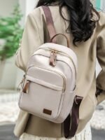 Women's Khaki Waterproof Nylon Backpack with Multi Zipper - Image 2
