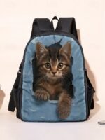 Cute cat print backpack for kids and teens - Denim style, Double - Image 12